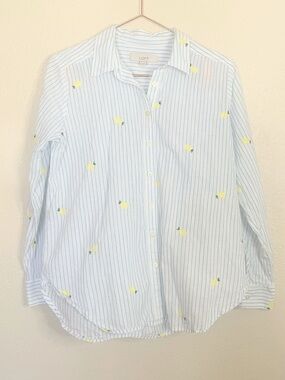 LOFT Blue Stripe Lemon Embroidered Shirt Small Preppy Summer Button Up